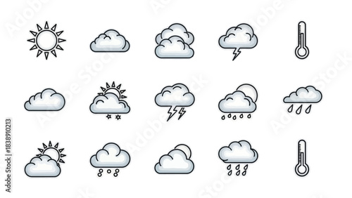 Weather Forecast Icon Set for Sunny, Cloudy, and Rainy Conditions