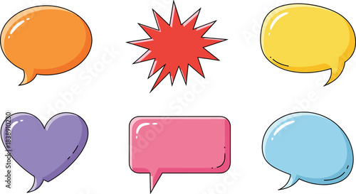 Colorful cartoon speech bubble collection featuring various comic shapes including hearts, bursts