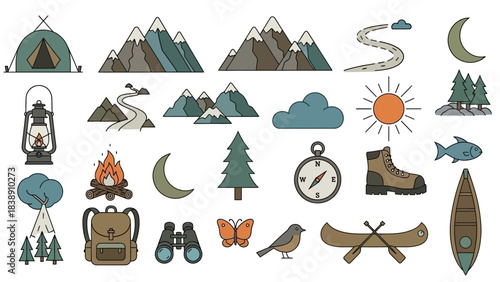 Camping and Wilderness Adventure Icons Set of Detailed Vector Graphics
