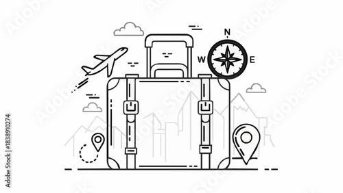 Global Journey Modern Line Art Illustration of Travel Suitcase with Airplane, Map, and Compass for Adventure Planning and Vacation Logistics