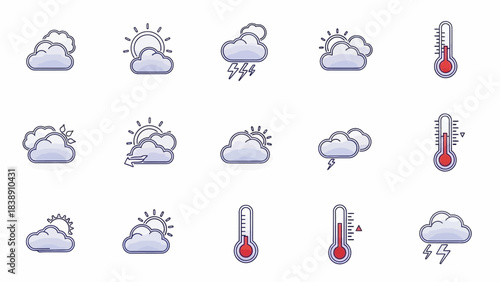 Weather Forecast Icons A Variety of Meteorological Condition Symbols Set Against a White Background