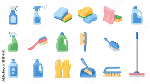 Cleaning Supplies Collection Colorful Vector Icons for Home Hygiene and Sanitation