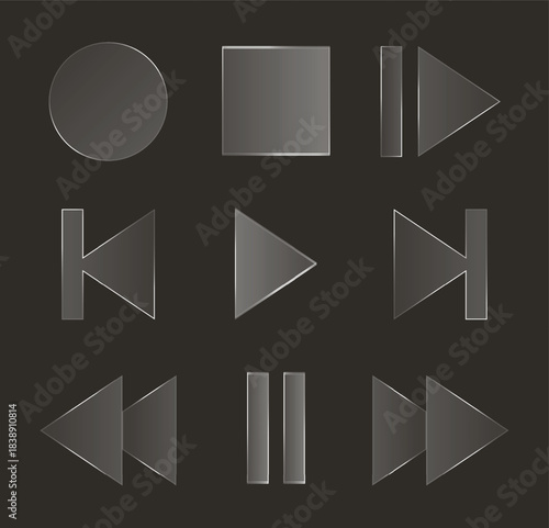 Set of nine glossy media player control icons on a black background