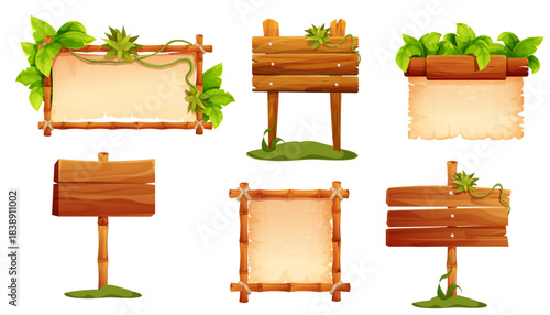 Wooden signpost set, empty board textured wood plank, parchment paper. Wood plank frames game signpost, farm garden or jungle pointing panel. Set menu ui design. Outdoor empty textured arrow