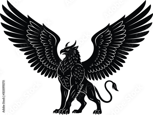 Mythical Griffin Silhouette With Wings Spread – Legendary Creature Vector Illustration