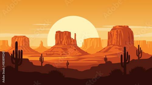 Vibrant desert landscape at sunset with large rock formations and saguaro cacti under a warm sky.