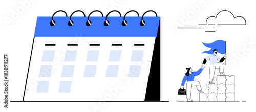 Time management, leadership, teamwork, goal setting, business planning, collaboration. A calendar and two figures working together on blocks. Time management and leadership ideas