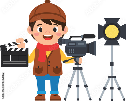 Cute young filmmaker character holding clapperboard with video camera and studio light equipment for movie production and filmmaking illustration.