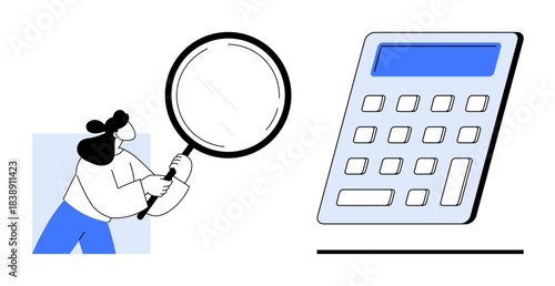 Finance, budgeting, auditing, problem solving, calculation, business strategy. Person holding a magnifying glass examining a calculator. Finance and budgeting concept for problem solving and auditing