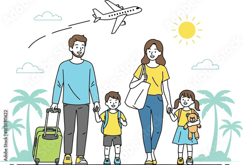 Happy family traveling together with luggage toward a sunny tropical vacation destination by airplane