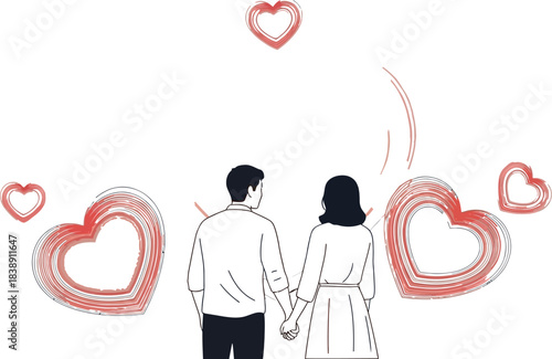 Couple holding hands surrounded by abstract red hearts symbolizing deep romantic connection and everlasting affection