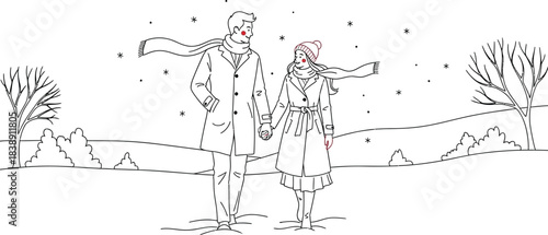 Minimalist line art drawing of a loving couple walking hand in hand through a snowy winter landscape
