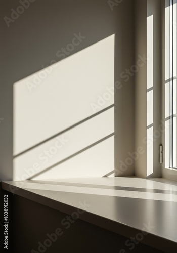 Empty window ledge space with bright natural daylight falling onto a clean, neutral surface, ideal for product placement display ,smooth ,shadow ,clean