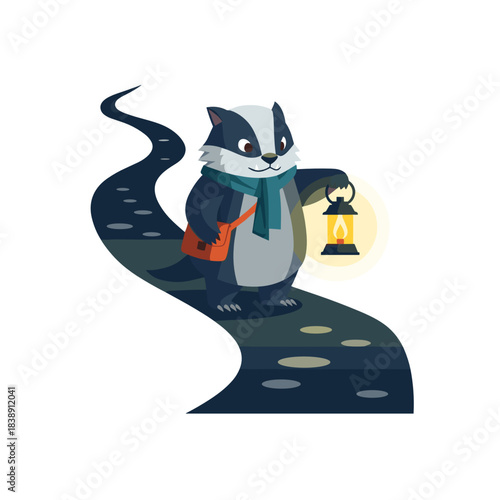 Cartoon badger holding a lantern while walking on a dark path  