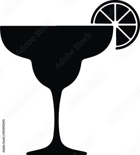Minimalist black margarita cocktail glass with lime silhouette vector icon