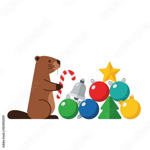 Beaver building a dam from colorful Christmas ornaments  