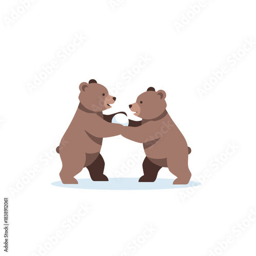 Two brown bear cubs playfully having a snowball fight in winter  