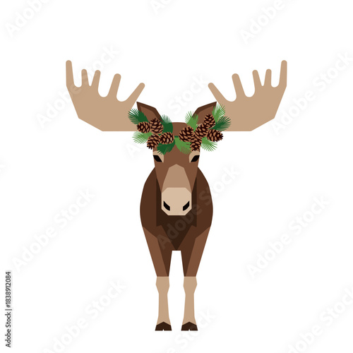 Moose wearing a pinecone wreath on antlers with a festive look  