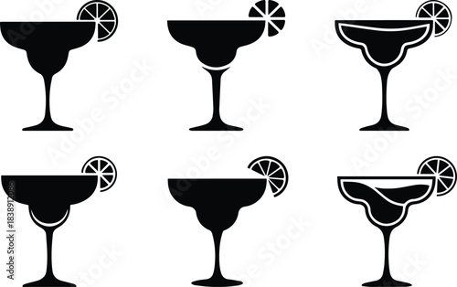 Set of Minimalist black margarita cocktail glass with lime silhouette vector icon