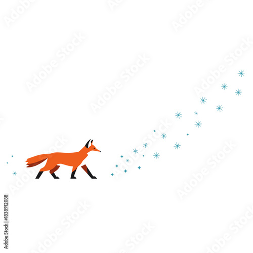 Fox walking through sparkling snow in a winter forest setting  