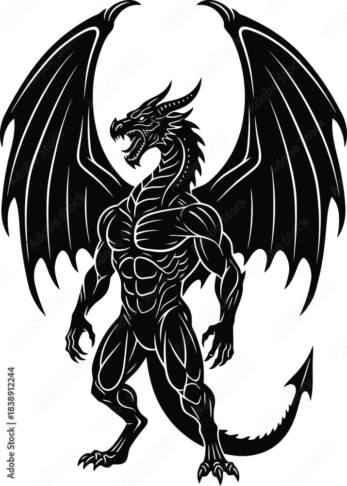 Fototapeta premium Epic Winged Dragon Warrior Silhouette – Mythical Creature Illustration