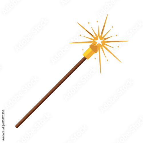 A magic wand with a brown wooden handle and golden star at the top, emitting golden sparkles and rays of light in a starburst pattern. 