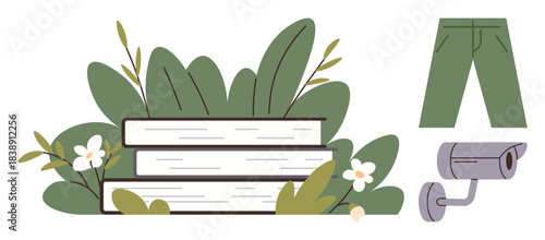 Books surrounded by plants, CCTV camera, and pants highlight themes of nature, knowledge, security, and everyday life. Ideal for education, lifestyle, sustainability fashion privacy technology