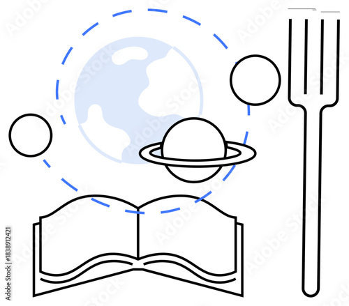 Open book, Earth, surrounding planets, orbit lines, and fork-themed exploration. Ideal for education, science, culinary arts innovation discovery balance creativity. Clean and simple flat