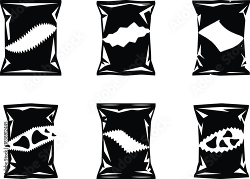 Set of Minimalist black open bag of potato chips snack silhouette vector icon