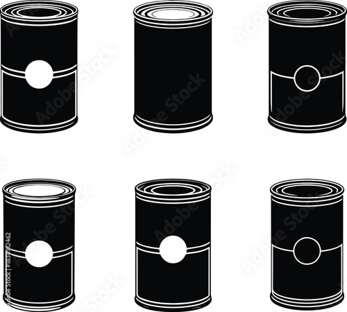 Set of Minimalist black soup tin can food container silhouette vector icon