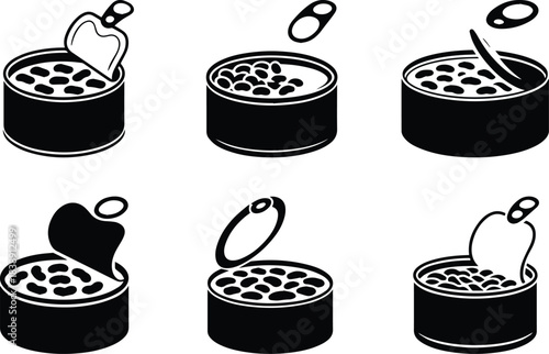Set of Minimalist black open tin can of baked beans silhouette vector icon