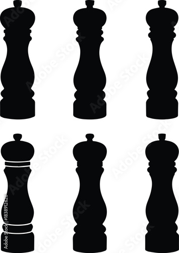 Set of Minimalist black pepper mill spice grinder silhouette vector icon