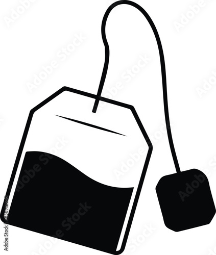 Minimalist black tea bag with string and tag silhouette vector icon