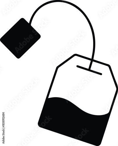 Minimalist black tea bag with string and tag silhouette vector icon