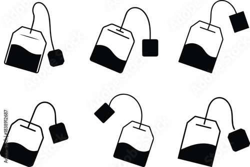 Set of Minimalist black tea bag with string and tag silhouette vector icon