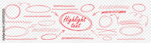 Red pen strokes forming round circle underline shapes with hand drawn doodle arrow elements on like transparent png bg. Vector set kit bundle for highlight text using scribble oval lines.