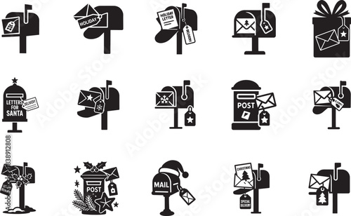   Christmas mailbox and letter delivery tag silhouette icons for festive vector design sets.