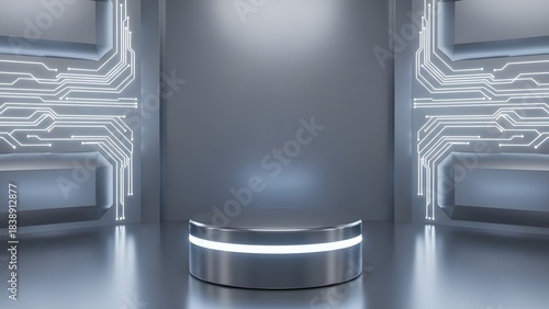 Minimalist Sci-Fi Product Display with Round Silver Podium and Circuit Walls