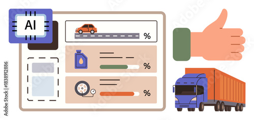 AI chip, data dashboard, truck and car graphics, fuel, and tire monitoring bars, with thumbs-up gesture. Ideal for logistics, transport, technology analytics automation maintenance simple flat