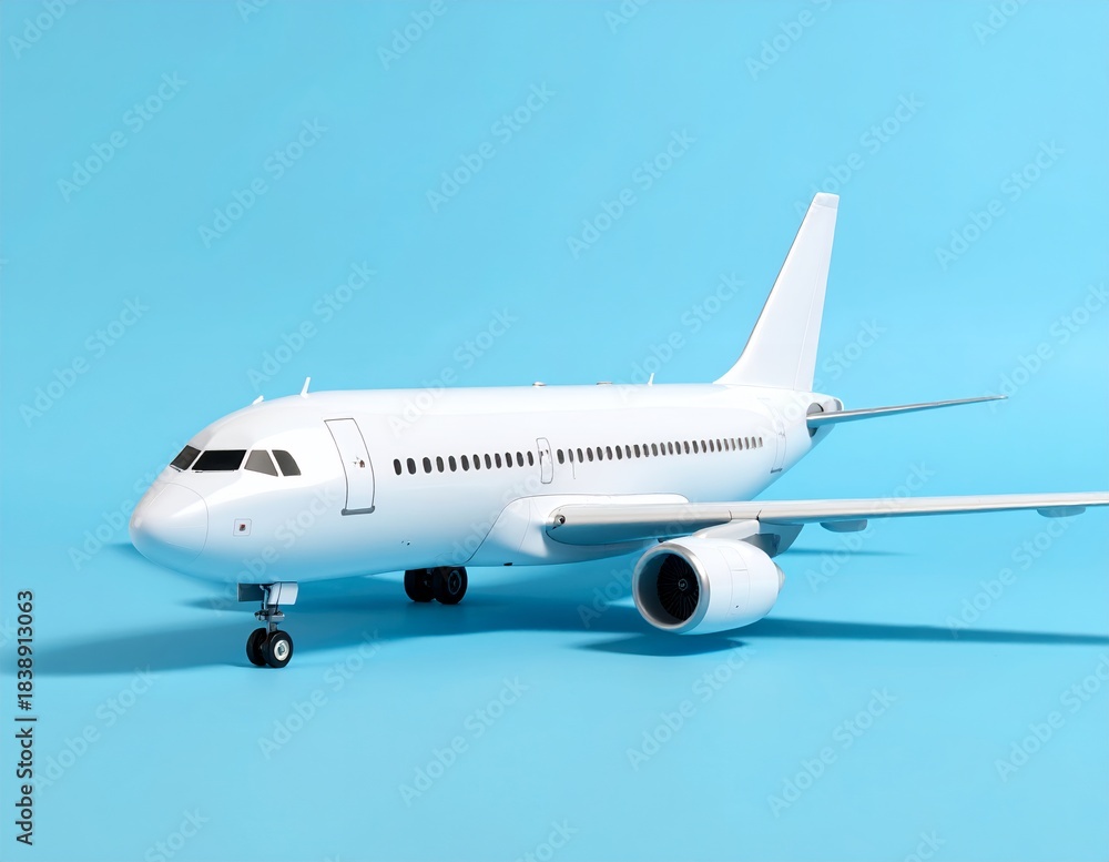 Obraz premium White Airplane Model on a Vibrant Blue Background, Ready for Departure and Travel.