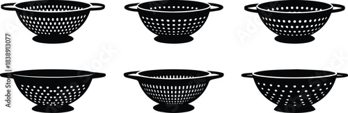 Set of Minimalist black kitchen colander strainer bowl silhouette vector icon