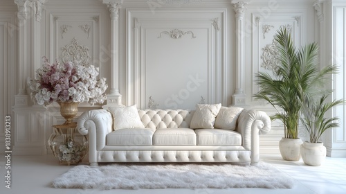 White sofa in the interior of the living room decorated with bouquets of flowers in vases. Luxurious interior, background. Cloud Dancer - PANTONE 11-4201 color of the year 2026, concept