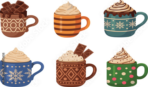 Collection of six decorative mugs with festive patterns, filled with hot chocolate, whipped cream, and sweet winter holiday toppings vector