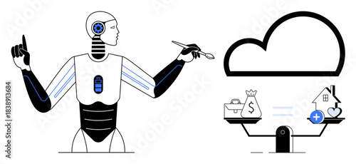 Digital finance concept. A robot interacts with cloud technology balancing financial and home symbols. Digital finance enhances technology in modern living and financial management. For AI, fintech