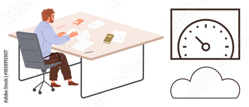 Man organizing papers at desk, books surrounding, speedometer indicating productivity, and cloud outline. Ideal for productivity, data analysis, business, office work, time management efficiency