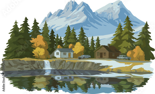 Idyllic mountain landscape with snow-capped peaks, evergreen pine forest, riverside cabins, a waterfall, and reflection in the still water