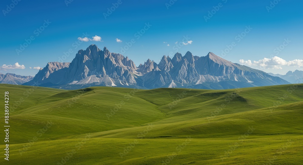 Fototapeta premium A vast panoramic view showing rolling green hills transitioning into distant, imposing, jagged gray mountains under a wide blue sky ,high ,aerial ,ridge