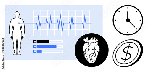 Healthcare, time management, medical expenses, diagnostics, cardiology, wearable tech. ECG line, human figure heart diagram clock and dollar symbol. Healthcare and medical expenses visualization