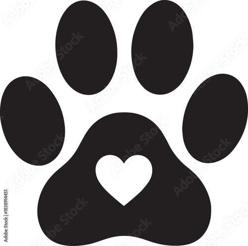 Solid Black Silhouette of Dog Paw Print with Heart, Minimalist Pet Paw Illustration, Cute Animal Clipart on White Background