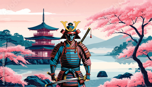 054-28-Samurai warrior standing in traditional armor with katana amidst cherry blossoms and pagoda